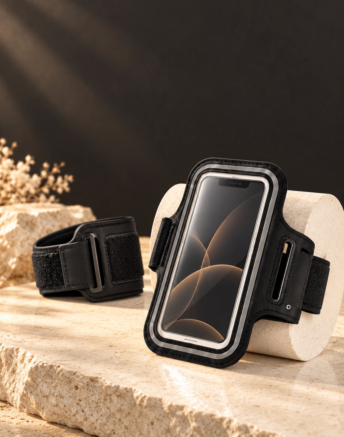 Black mobile phone sports armband on an ivory display stand.