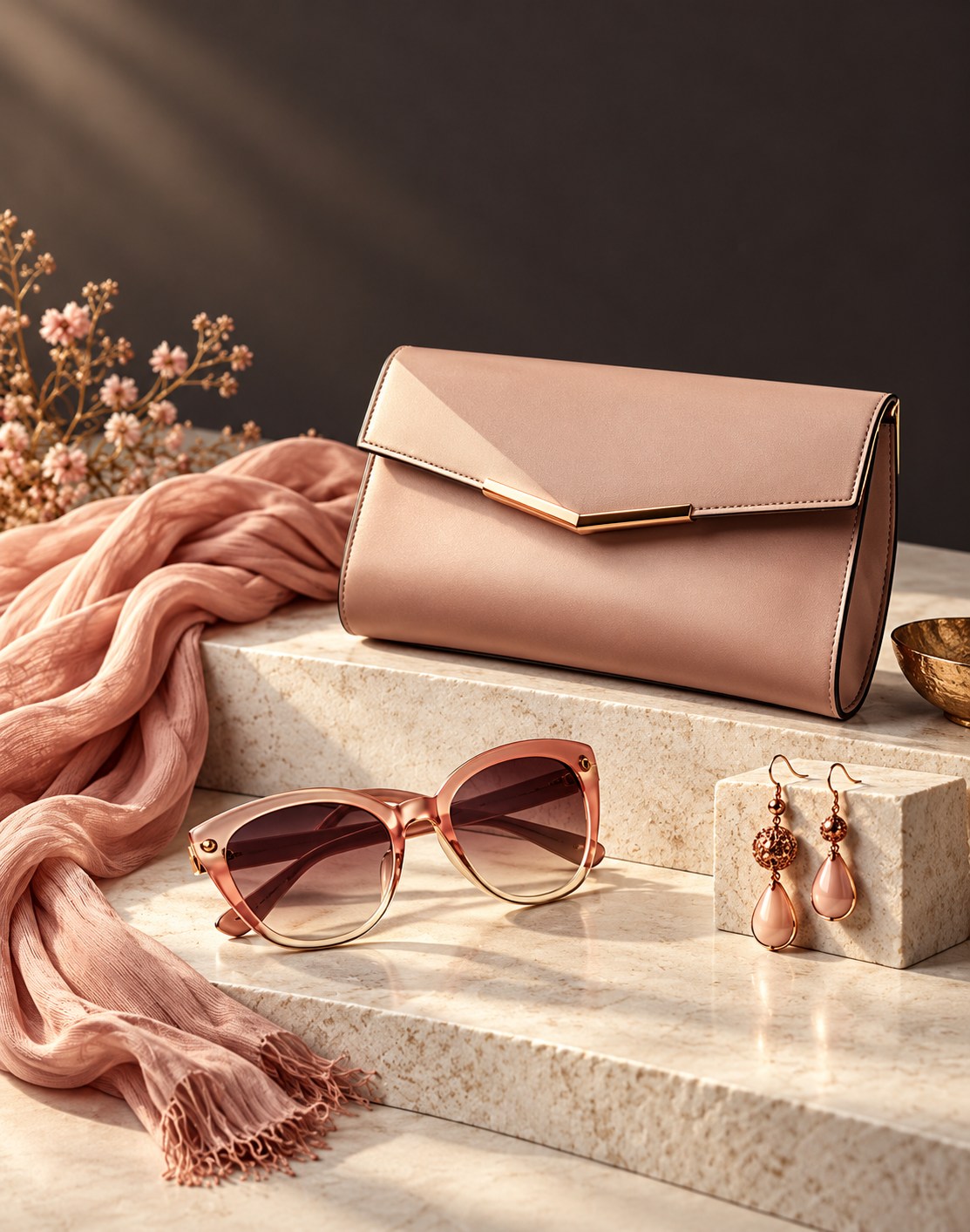 Blush clutch, rose sunglasses and delicate earrings on ivory stone.