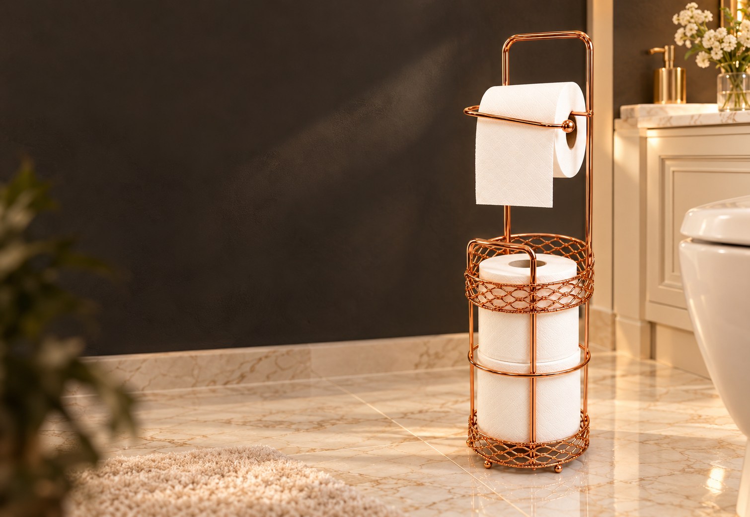 Champagne gold tissue organiser in an elegant ivory bathroom.