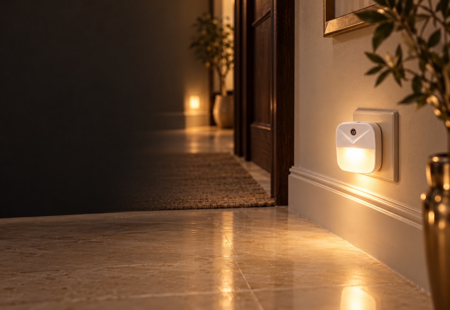 Compact white sensor night light glowing warmly in an elegant hallway.