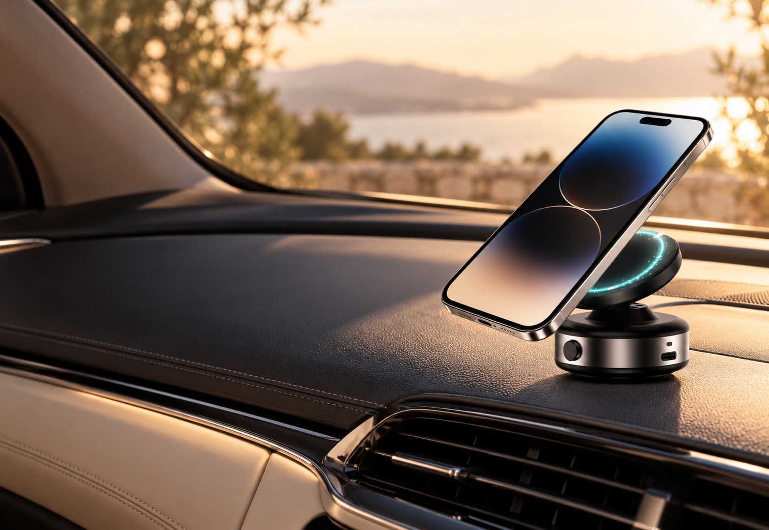 Black magnetic phone mount on a car dashboard in warm natural light.