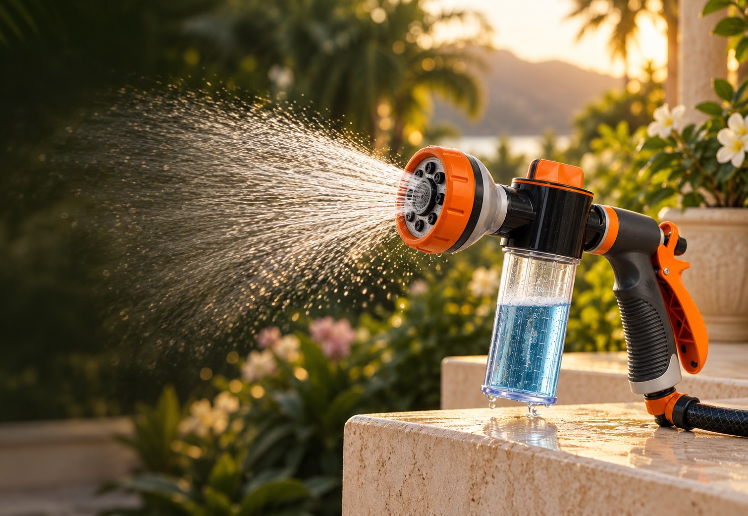 Orange water spray gun with a built-in soap dispenser in an elegant garden setting.