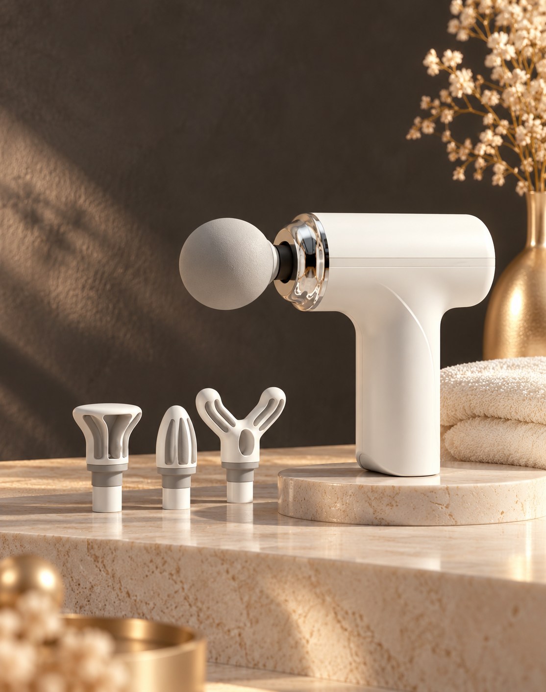 White massage gun and interchangeable attachments on an ivory pedestal.