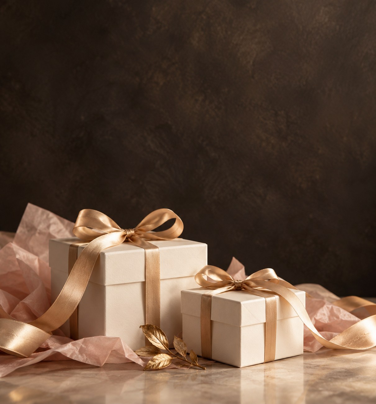 Ivory gift boxes with champagne gold ribbons and blush tissue paper.