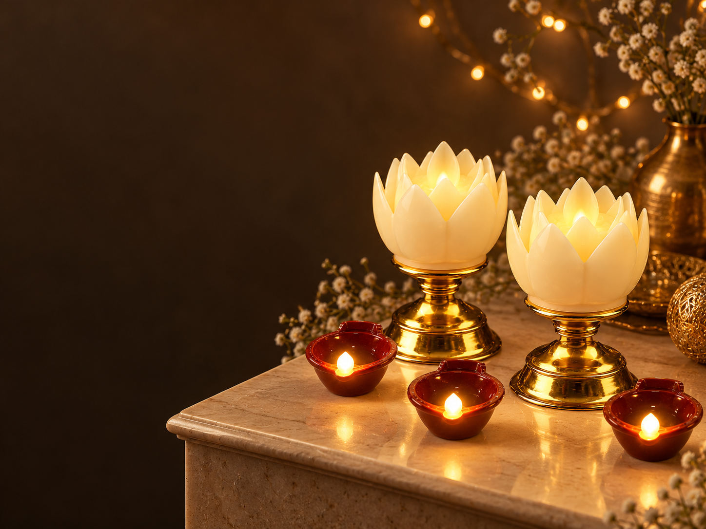 Glowing lotus lamps and LED diyas arranged for Diwali.