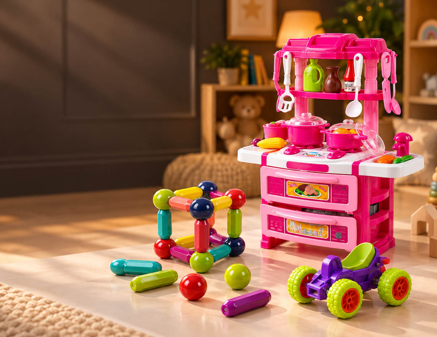 Pink kitchen play set, colourful toy car and magnetic building pieces.